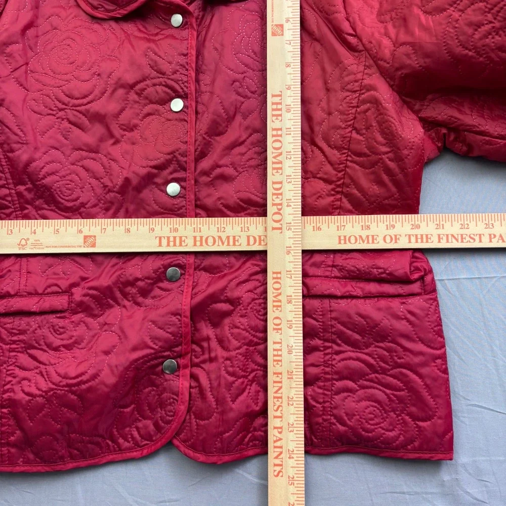 JG Hook Red Rose Floral Quilted Jacket Women XL Snap Front Peter Pan Collar Coat